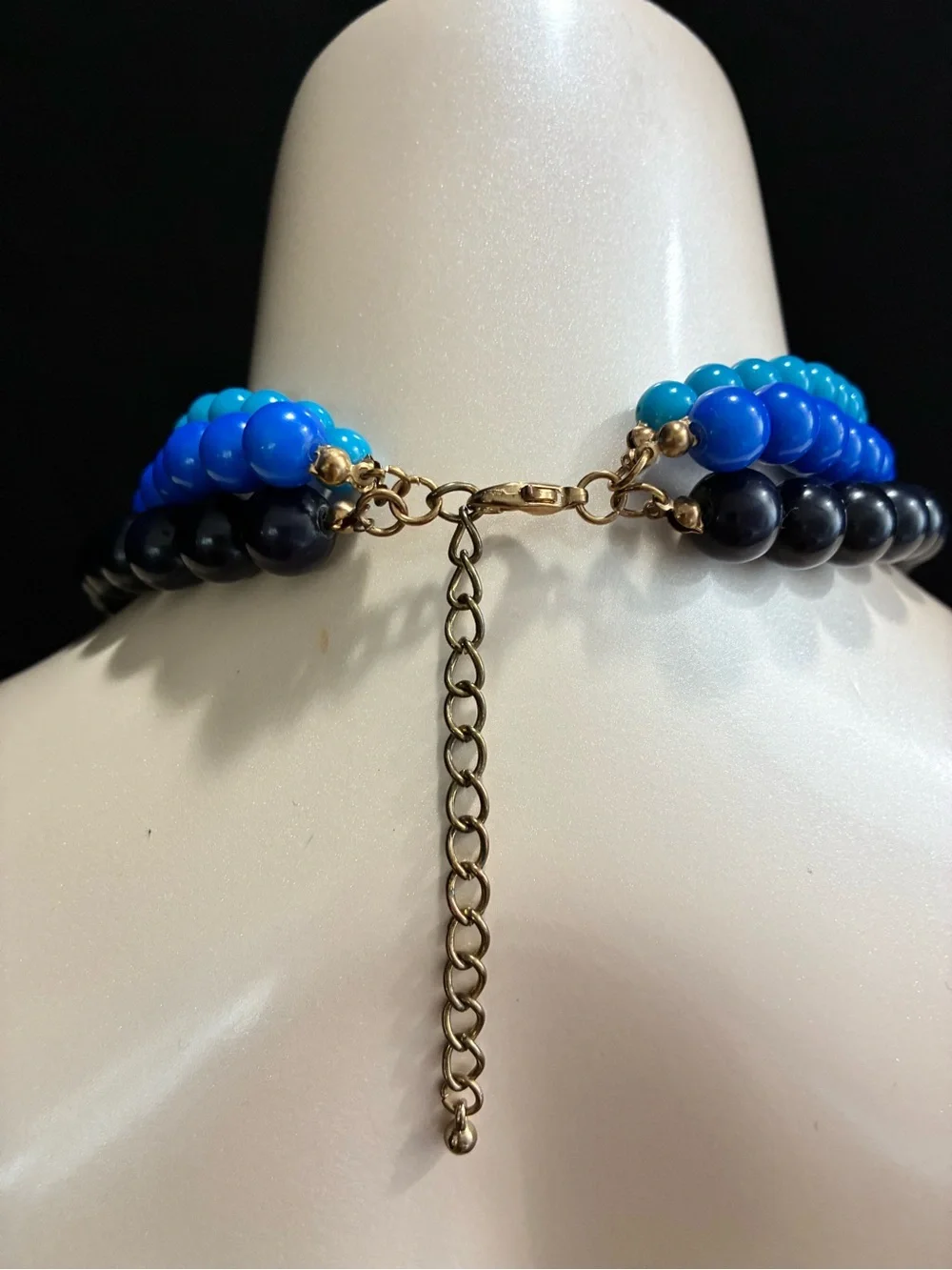 Triple-Strand Blue & Black Beaded Statement Party Necklace with Rhinestones EUC